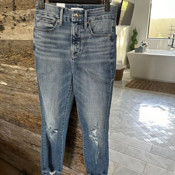 GOOD AMERICAN Ripped Good Waist Chew Hem Ankle Skinny Jeans In Blue634 - Picture 2 of 8